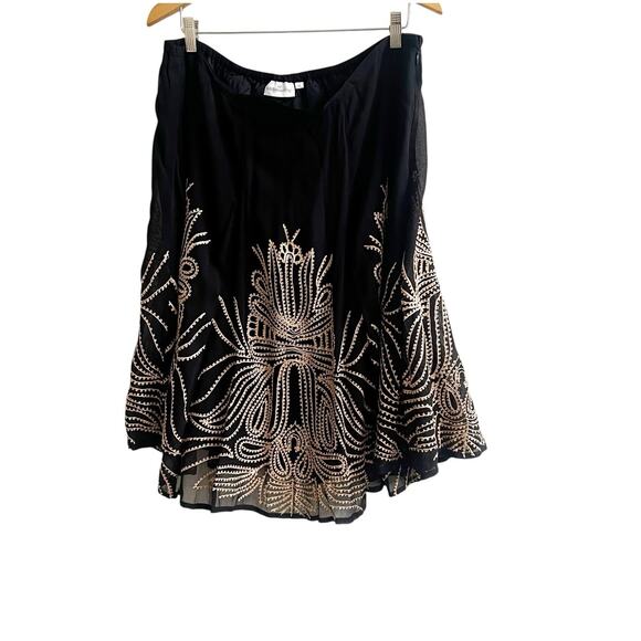 Soft Surroundings Embroidered Chiffon Black Knee Skirt Size XL Gold Embroidery - Picture 1 of 9